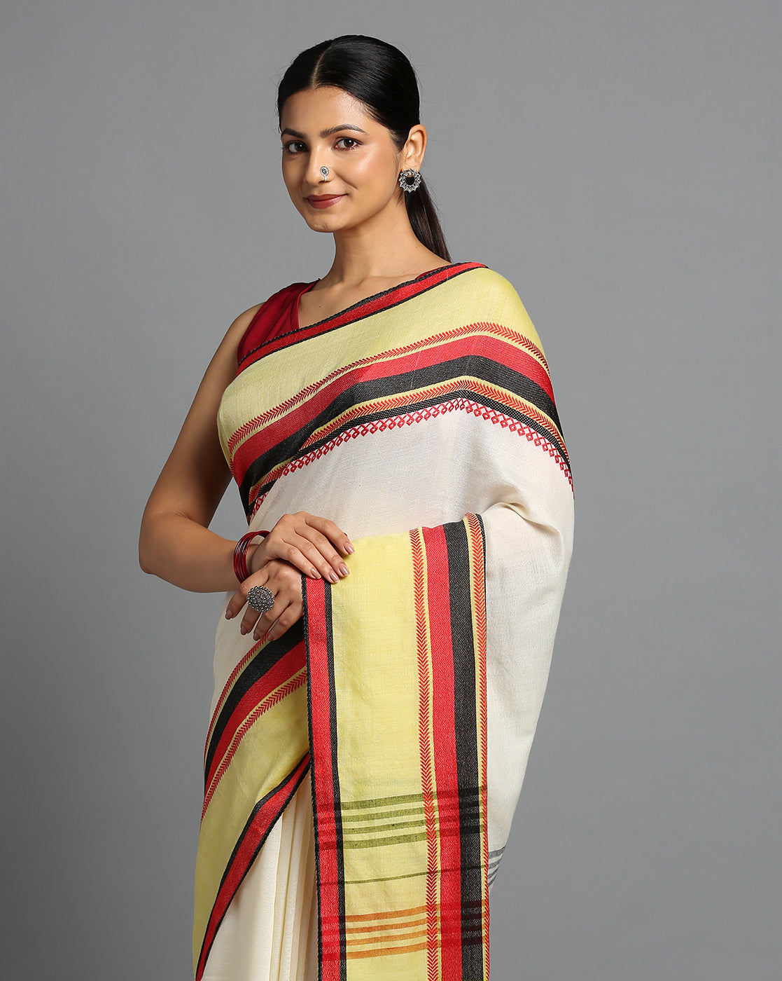 ArtEastri White Green Red Cotton Saree with Blouse piece