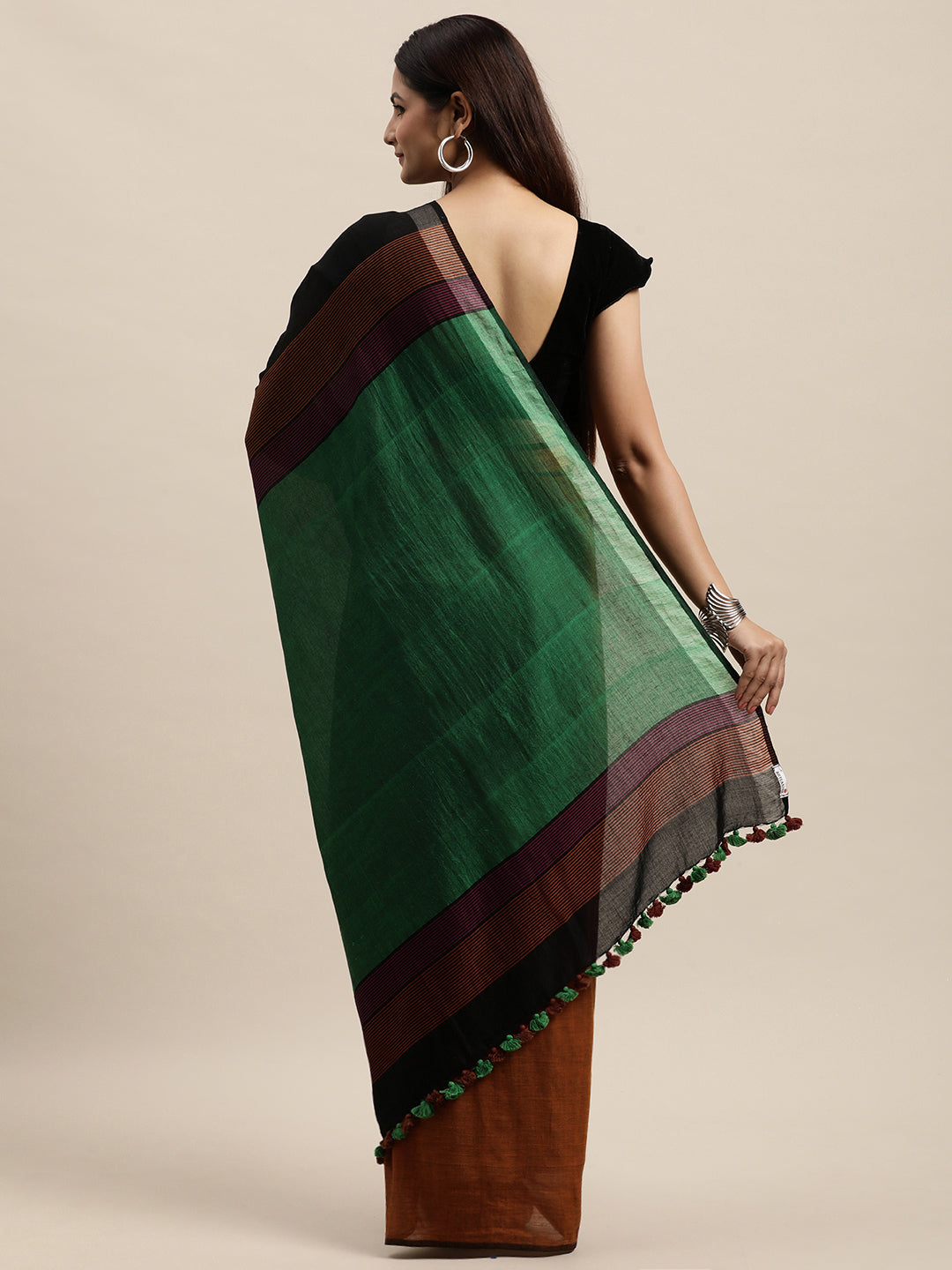 Colour block Cotton Saree with pompoms