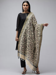 Black & Red Madhubani Jacquard Cotton Print Dupatta