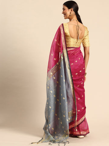 Magenta & Grey Zari Buti Silk Cotton Saree with blouse piece