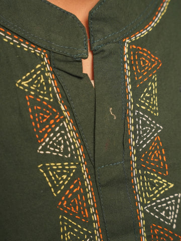 Dark Green Kantha Cotton Kurta