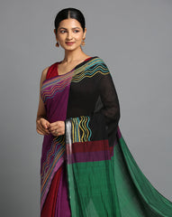 ArtEastri Handloom Black Magenta Colorblock Cotton  Kantha Saree