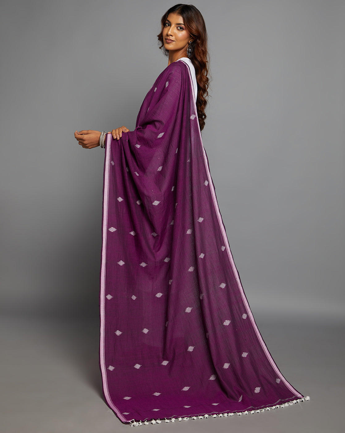 Purple Cotton Handloom Jamdani Dupatta with Pompoms