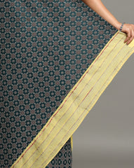 ArtEastri Yellow Green Ajrak Print Khesh Saree with Blouse piece