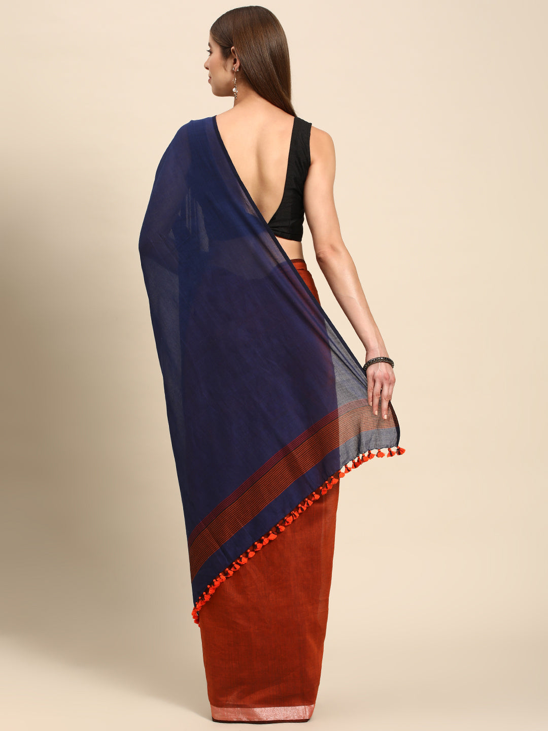 Colour block Cotton Saree with pompoms