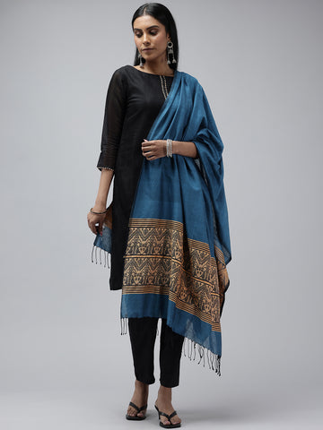 Blue Biege Assamese silk Cotton Dupatta