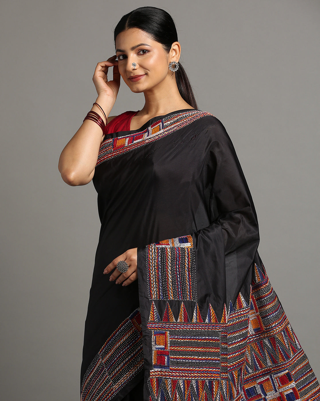 ArtEastri Handloom Black Silk Kantha Saree with Blouse piece