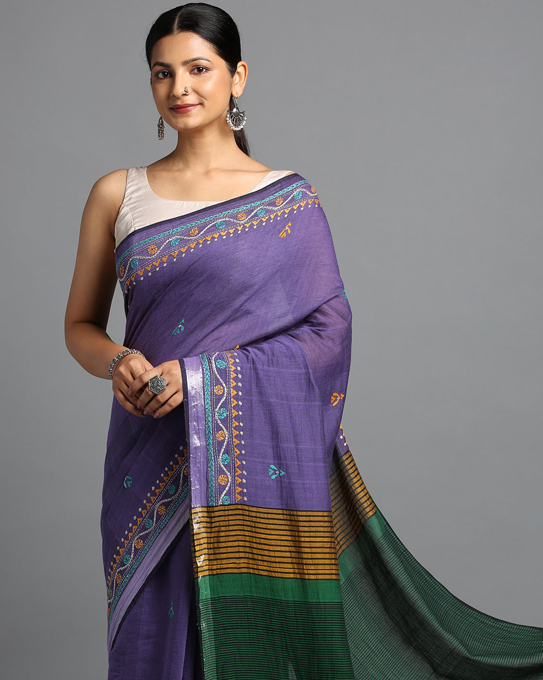 ArtEastri Handloom Violet Kantha Cotton Saree