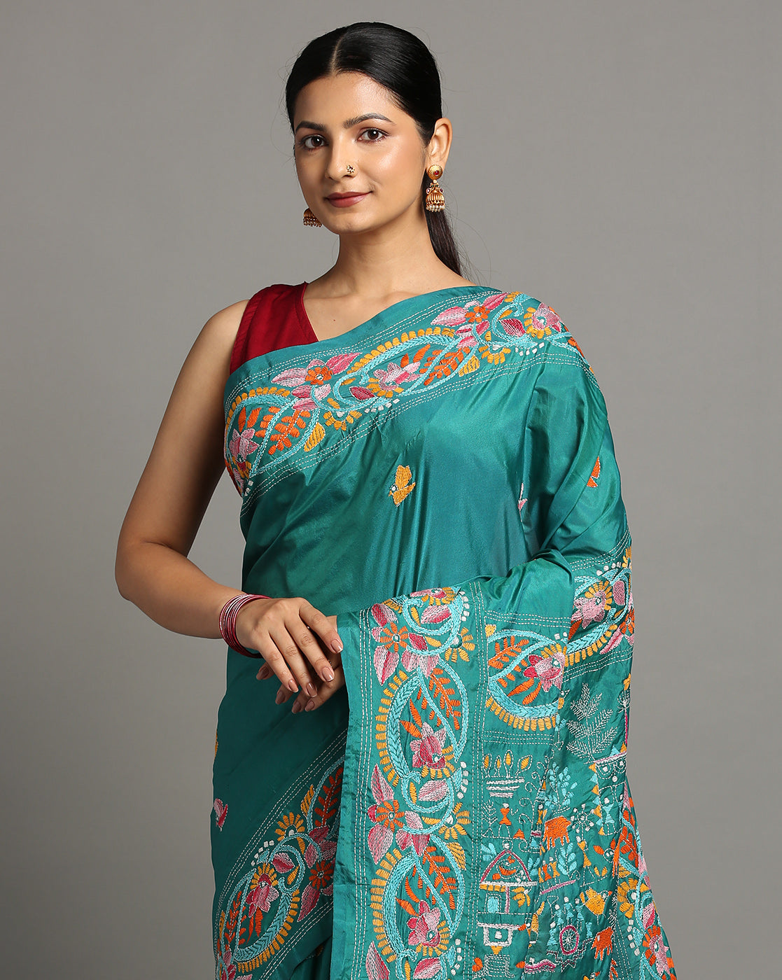 ArtEastri Green Artsilk Kantha Saree with Blouse piece