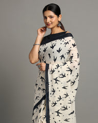 ArtEastri Cream Bird Print Cotton Saree with Blouse piece