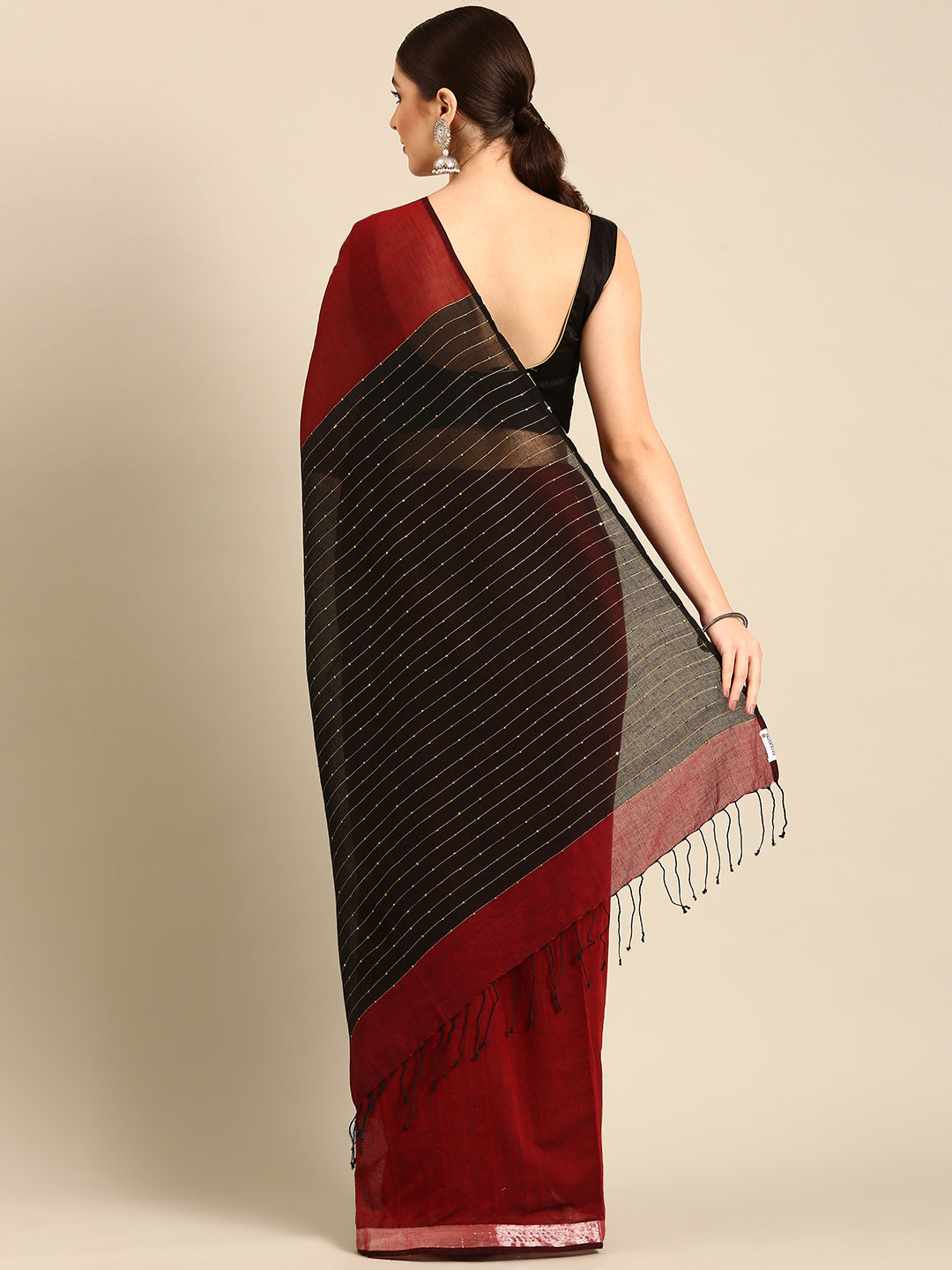 Red Black Sequins Handcrafted Cotton Saree