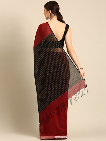 Red Black Sequins Cotton Handloom Saree