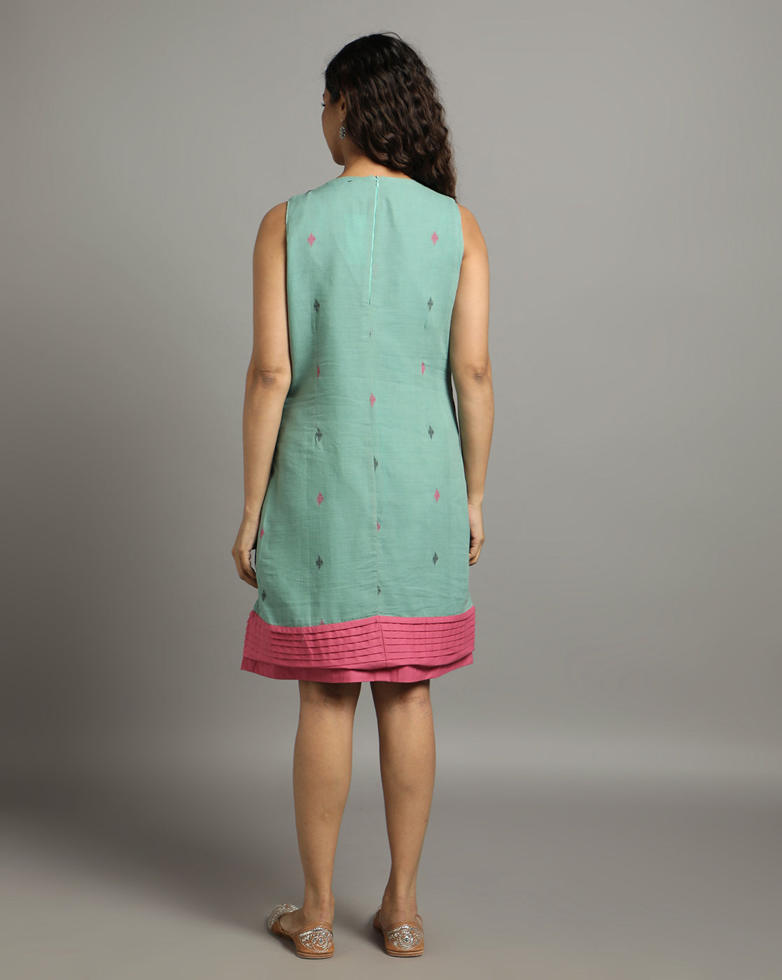 Sea Green Pink Cotton Handloom Dress