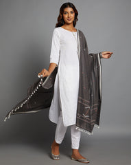 Grey Cotton Handloom Jamdani Dupatta with Pompoms