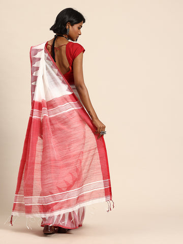 ArtEastri White Red Silk cotton Saree with Blouse piece
