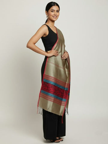 Sage Green Red Blended Silk Handloom Baluchari Dupatta