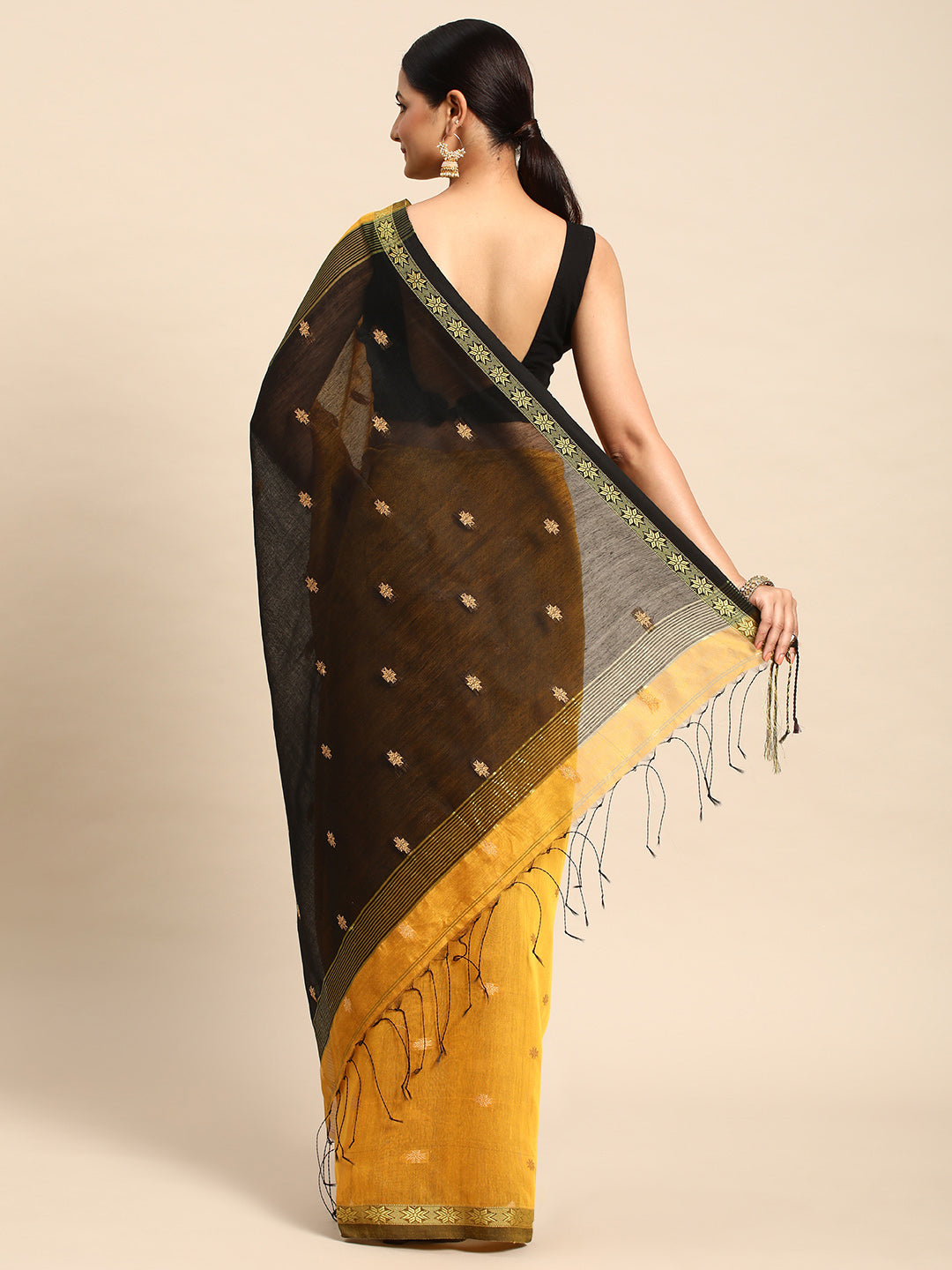 Yellow Black Zari Buti Silk Cotton Saree