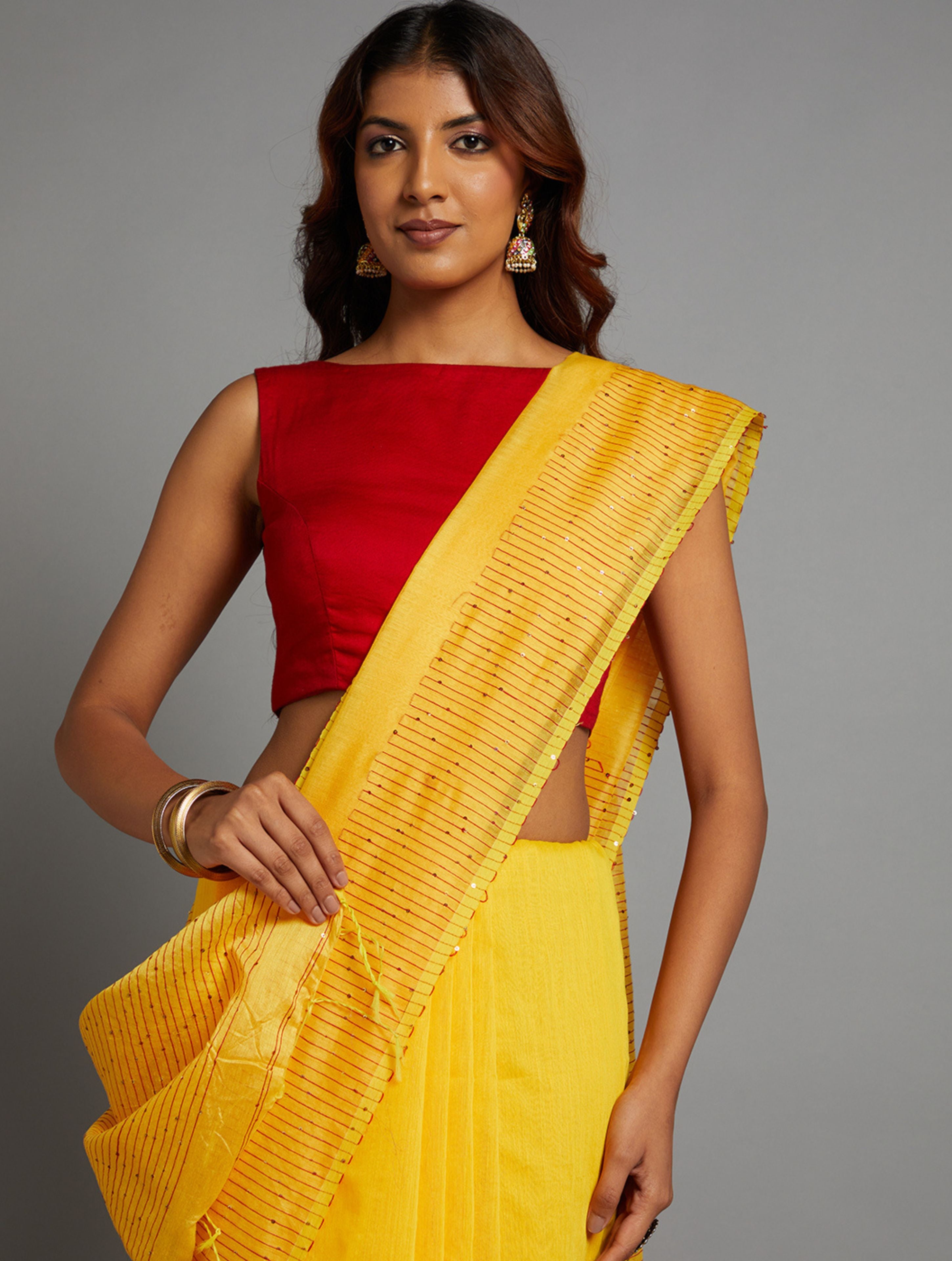 Yellow Sequins Silk Cotton Saree with Blouse Piece