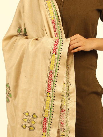 Beige Kantha Wool Shawl