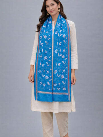 Blue hand- embroidered Cotton Kantha Scarf
