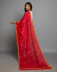 Red Handloom Jamdani Cotton Dupatta with Pompoms