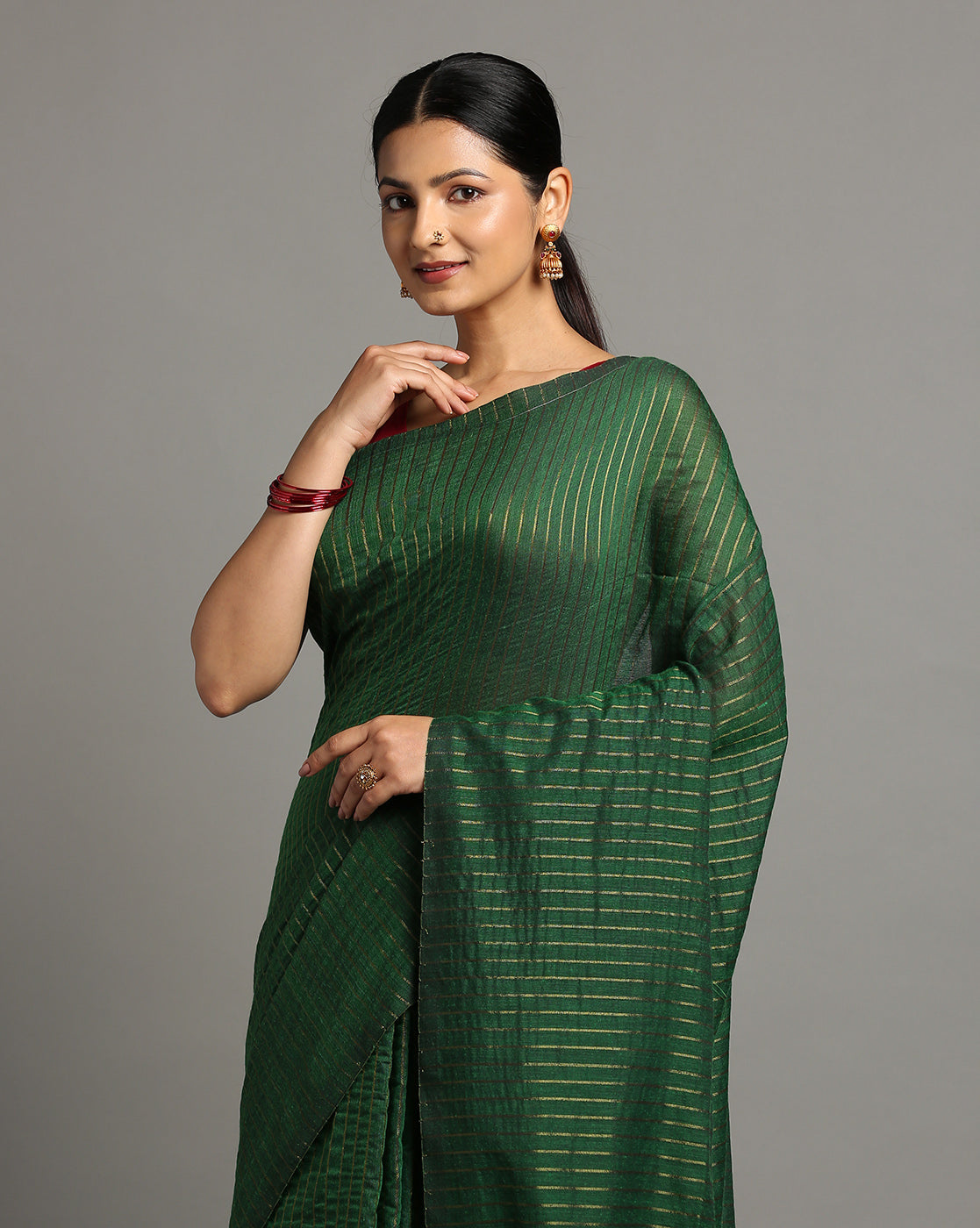 ArtEastri Green Striped Cotton Saree With Blouse Piece