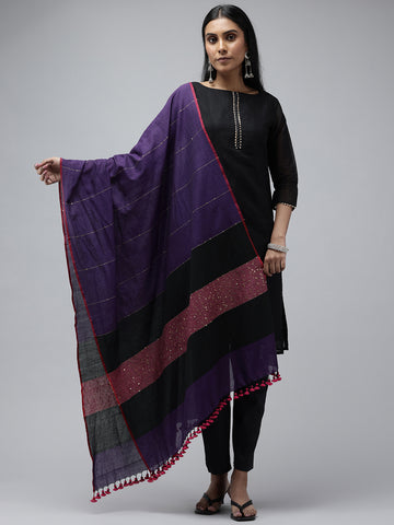 Purple & Magenta Cotton Handloom Sequins Dupatta