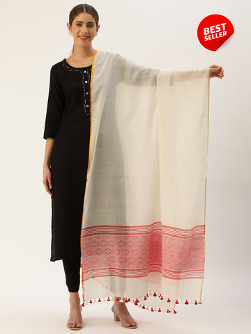 New Cream Red Assamese Cotton Dupatta