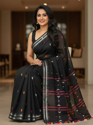 Black Handloom Jamdani Cotton Saree