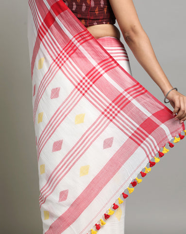 White Red Diamond Jamdani  Cotton Saree