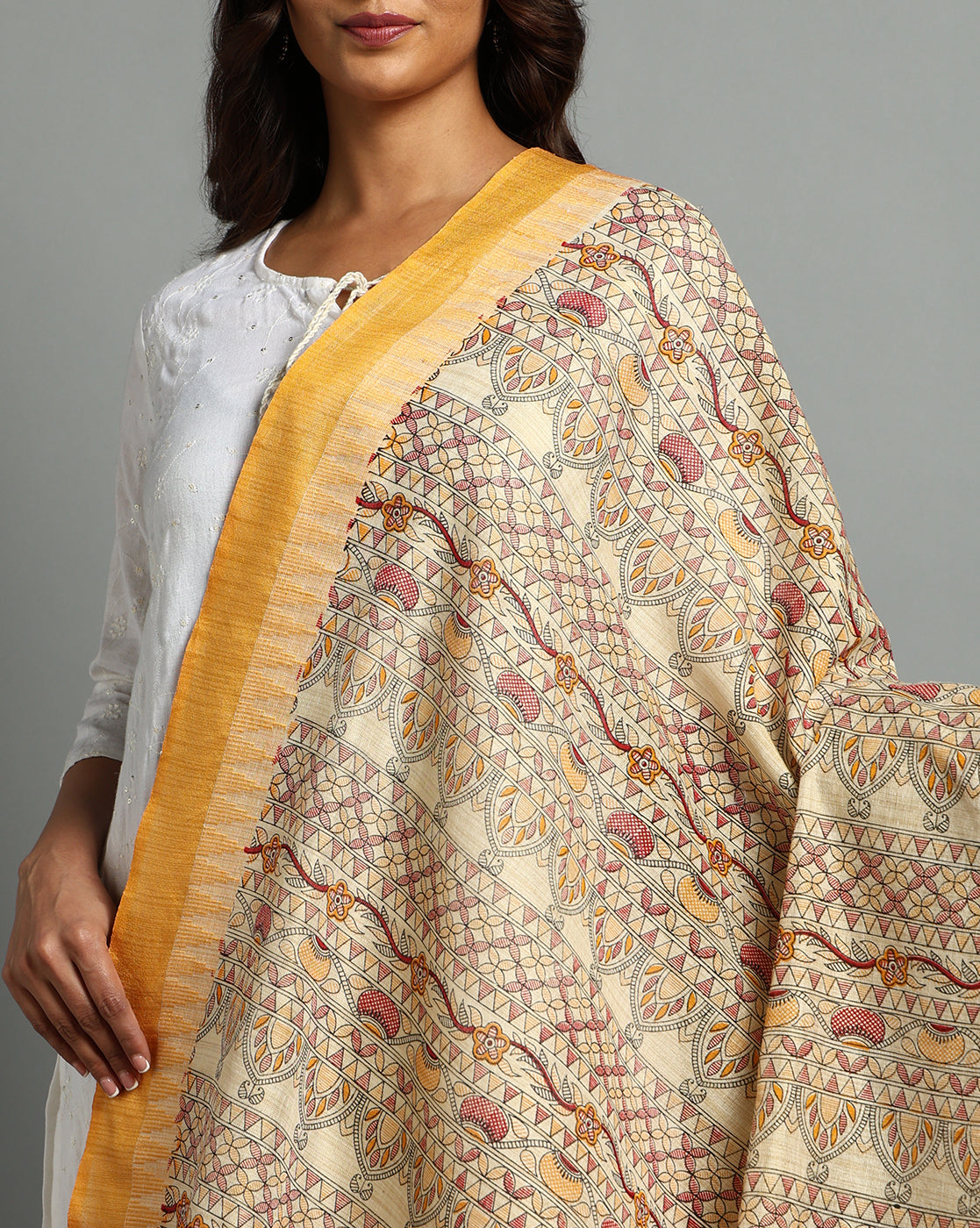 Pure Cotton Madhubani Print Dupatta- Matka Design