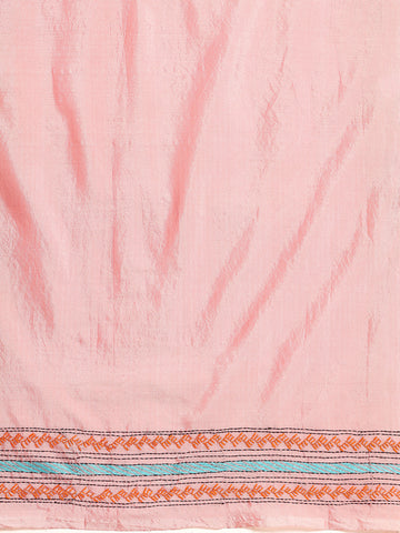 ArtEastri Light Pink Art Silk Kantha Stitch Saree With Blouse Piece