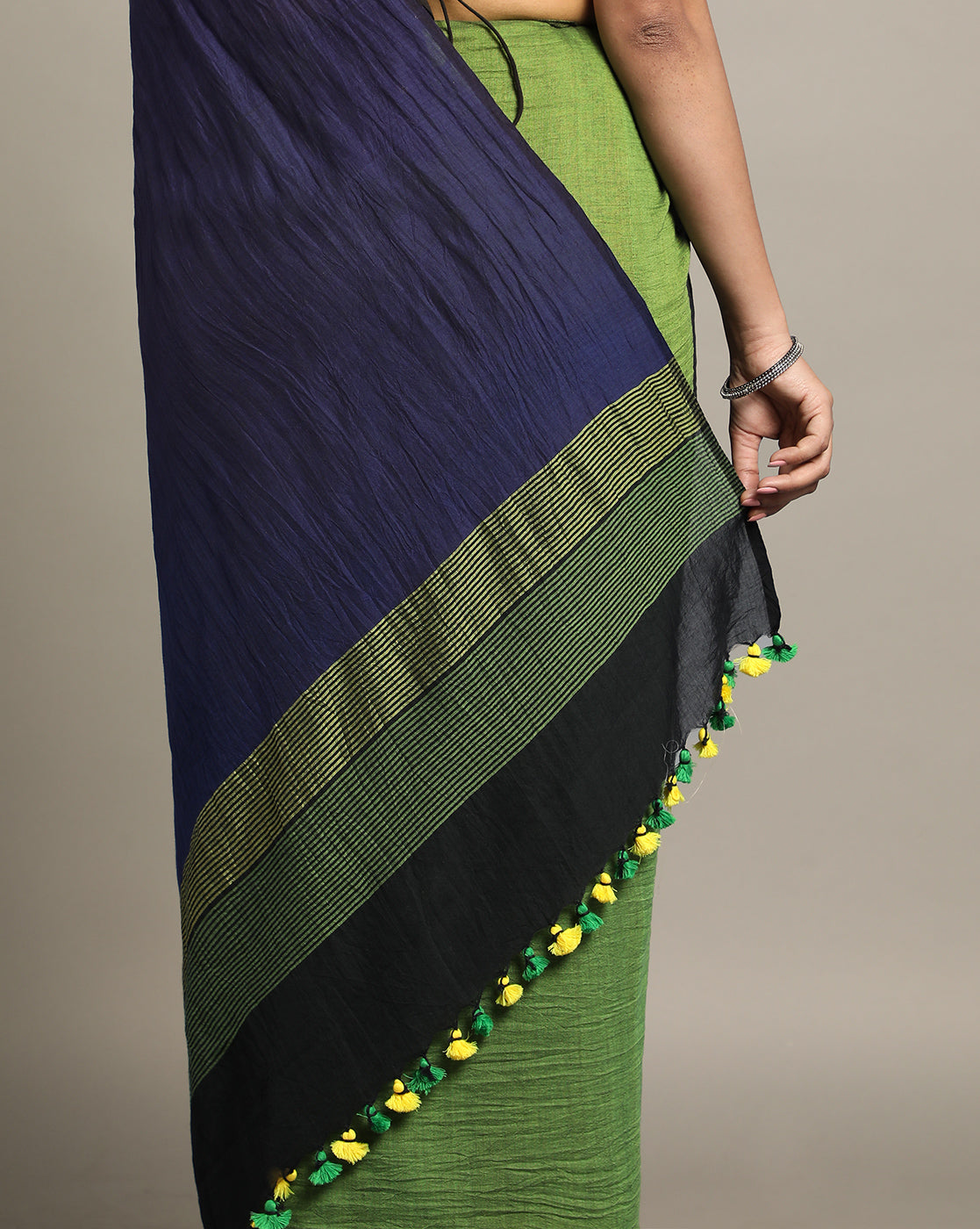 Colour block Cotton Saree with pompoms