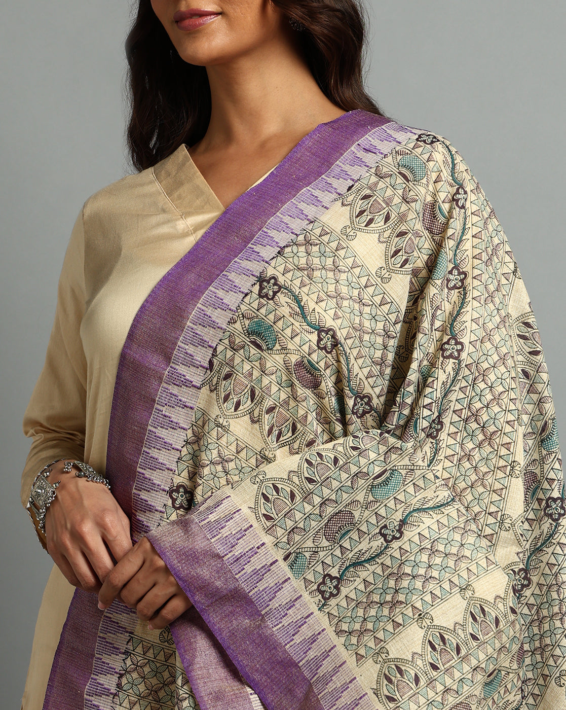 Pure Cotton Madhubani Print Dupatta- Matka Design