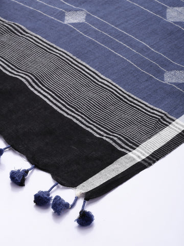 Black Blue Handloom Jamdani Cotton Dupatta with Pompoms