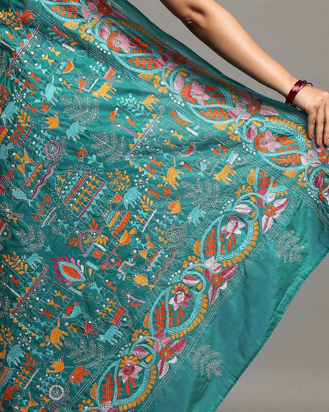 ArtEastri Green Artsilk Kantha Saree with Blouse piece