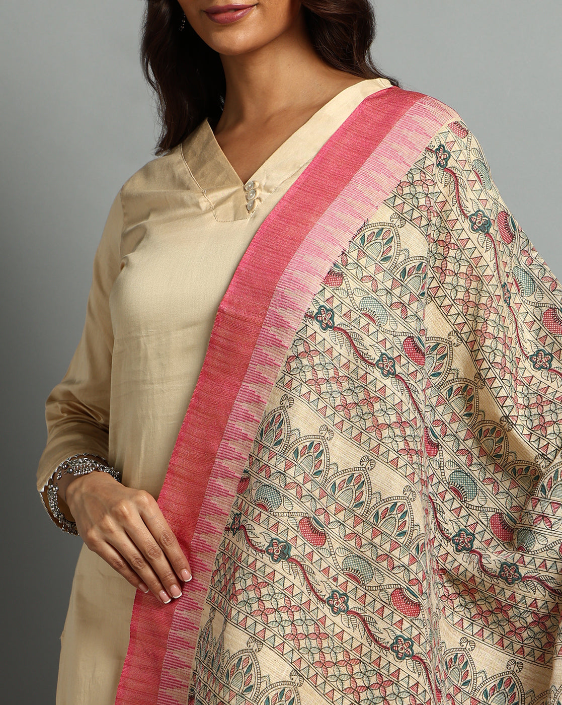 Pure Cotton Madhubani Print Dupatta- Matka Design