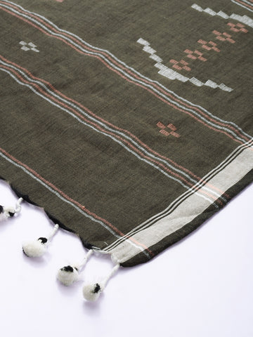 Grey Cotton Handloom Jamdani Dupatta with Pompoms