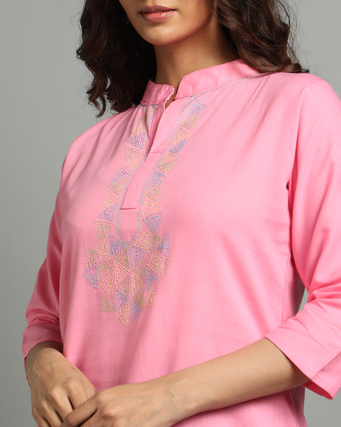 Baby Pink Kantha Cotton Kurta