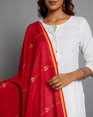 Red Handloom Jamdani Cotton Dupatta with Pompoms