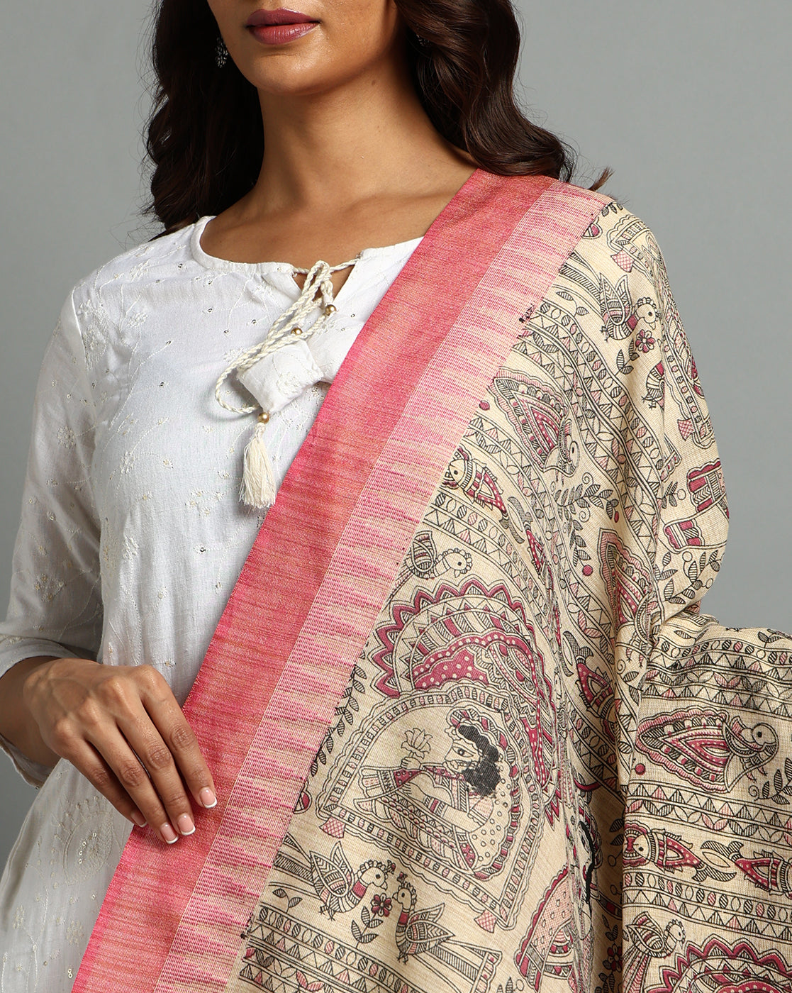 Pure Cotton Madhubani Print Dupatta- Krishna Palki