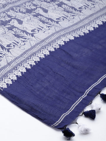 Indigo White Baluchari Silk cotton Dupatta
