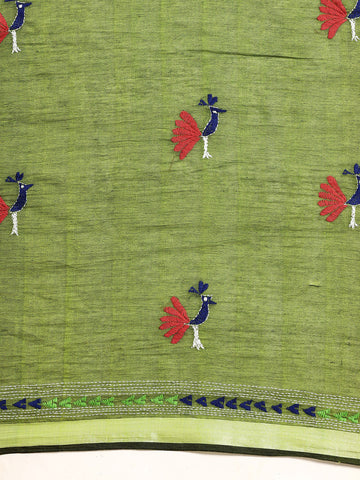 Parrot Green & Blue Colour block Cotton Kantha Stitch Saree with pompoms