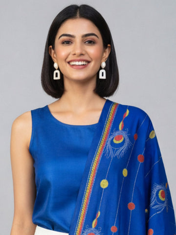 Blue Peacock feather Cotton Kantha Stole