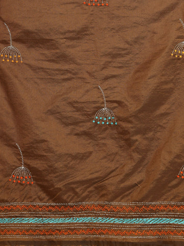 ArtEastri Dark Brown Mocha Art Silk Kantha Stitch Saree with Blouse Piece