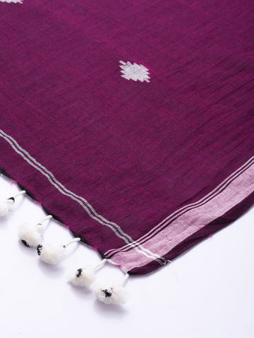 Purple Cotton Handloom Jamdani Dupatta with Pompoms