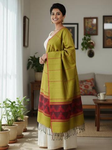 Handloom Lime Green Red Blended Silk Dupatta