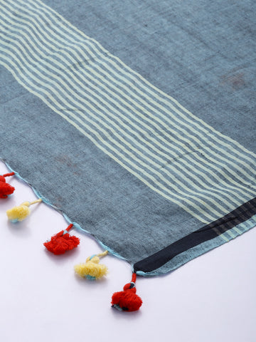 Blue Handloom Jamdani Cotton Dupatta with Pompoms