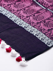 Purple Pink Handwoven Silk cotton Baluchari Dupatta