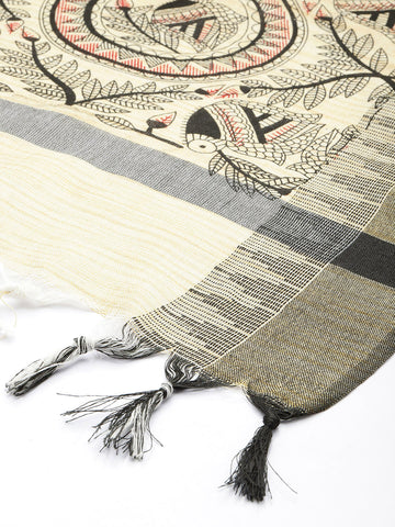 Black & Red Madhubani Jacquard Cotton Print Dupatta